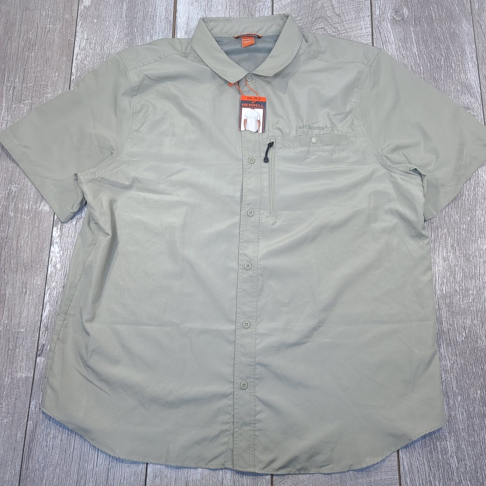 Merrell Button Down Shirt Mens XXL Beige Short Sleeve Hiking Outdoor Ripstop